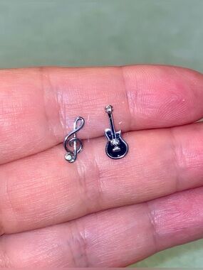 925 Silver Musical Note & Guitar Stud Earrings - Black Enamel Accent